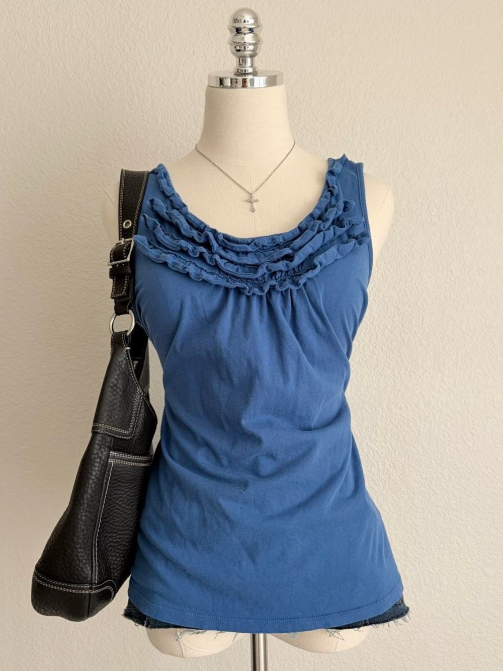 LOFT Blue Ruffle Scoop Neck Tank